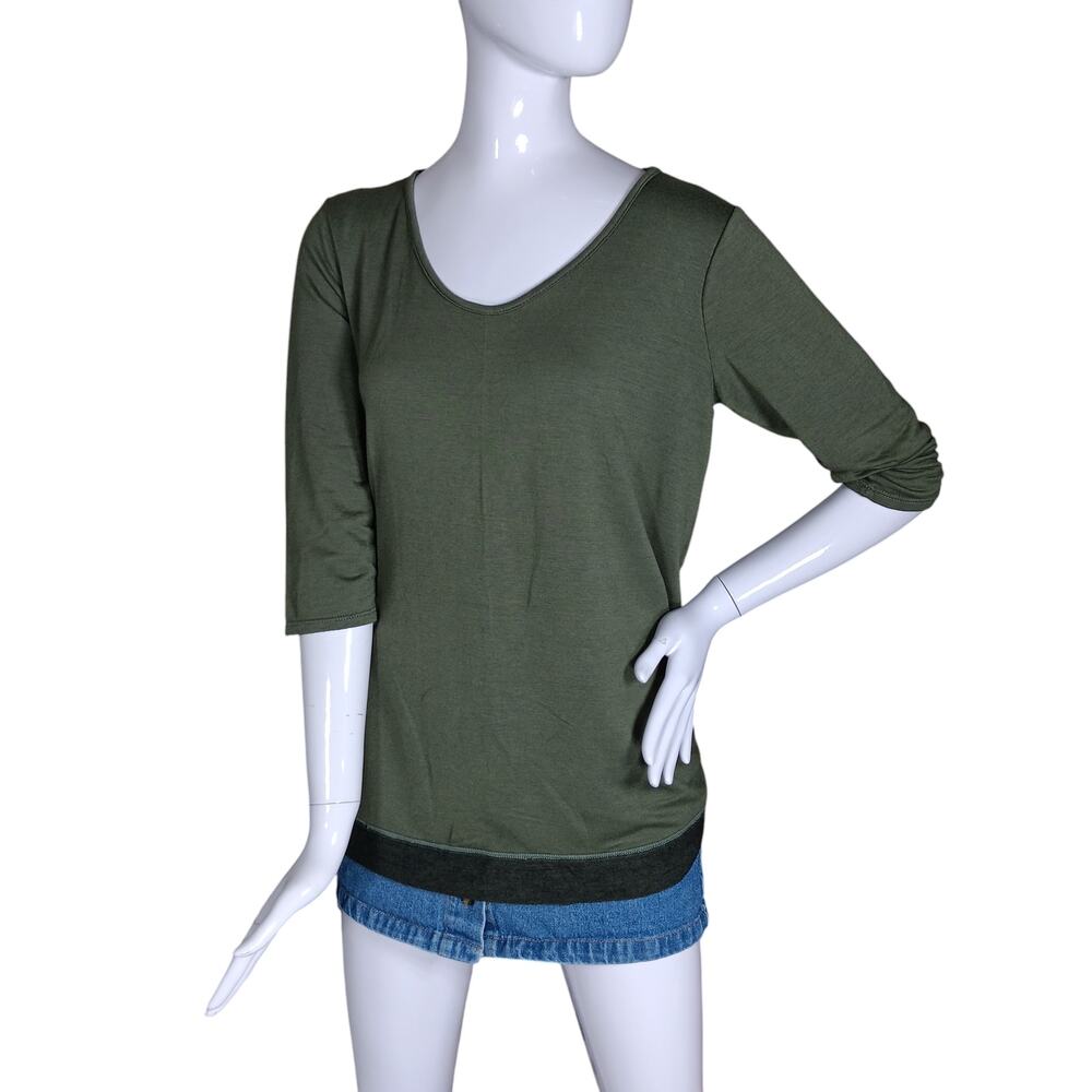 Simisue 3/4 Sleeve Military Green Blouse Size Small Round Neckline